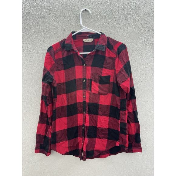 Hollister Womens Button Up Shirt Size XS Flannel Black Red Plaid Long Sleeve - Picture 1 of 10
